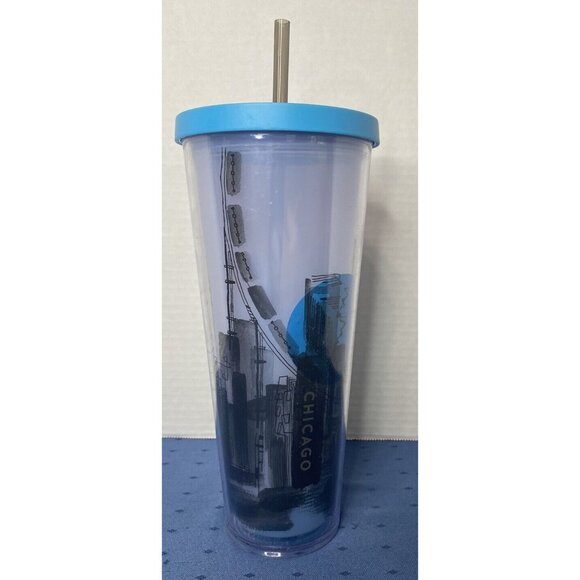 Starbucks 2014 Chicago Illinois Skyline Venti Cold Cup Tumbler Lid & Straw 24 oz - Picture 2 of 8